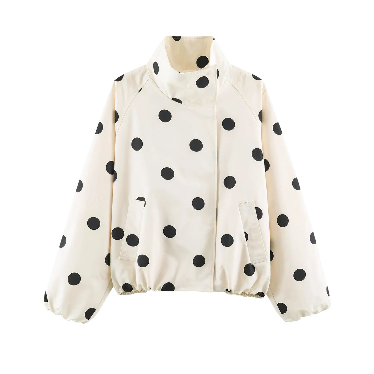 Retro Polka Dot Printed Bomber Stand Collar Oversized Casual Jacket