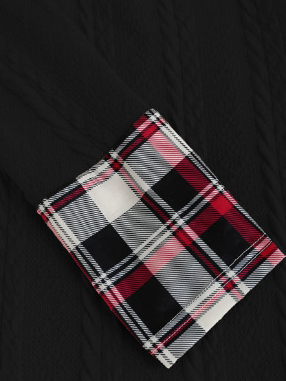 Knitted hooded plaid print stitching fake buckle high waist long sleeve dress