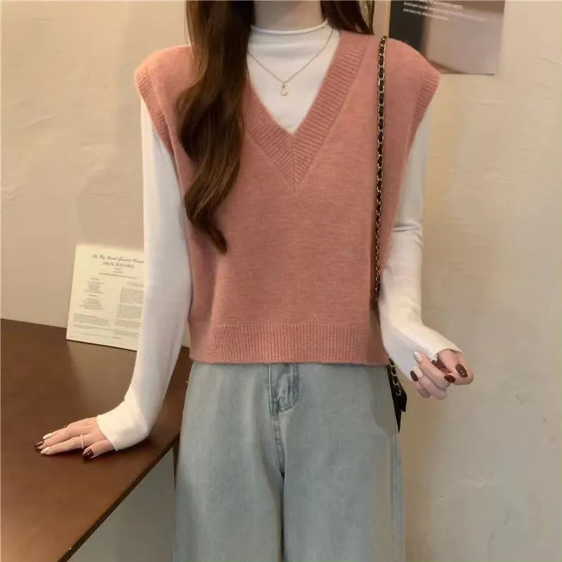 V-neck Knitted Vest Vintage Sleeveless Sweater Waistcoat Korean Chic