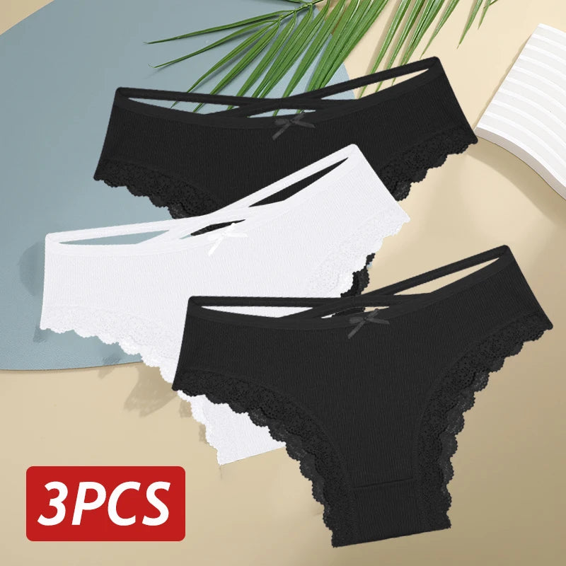 3PCS/Set Cotton Sexy Low Rise Lace Brazilian Panties S-XL