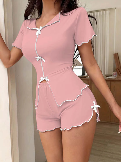 Bow Short Sleeve Top And Shorts Sleepwear Set