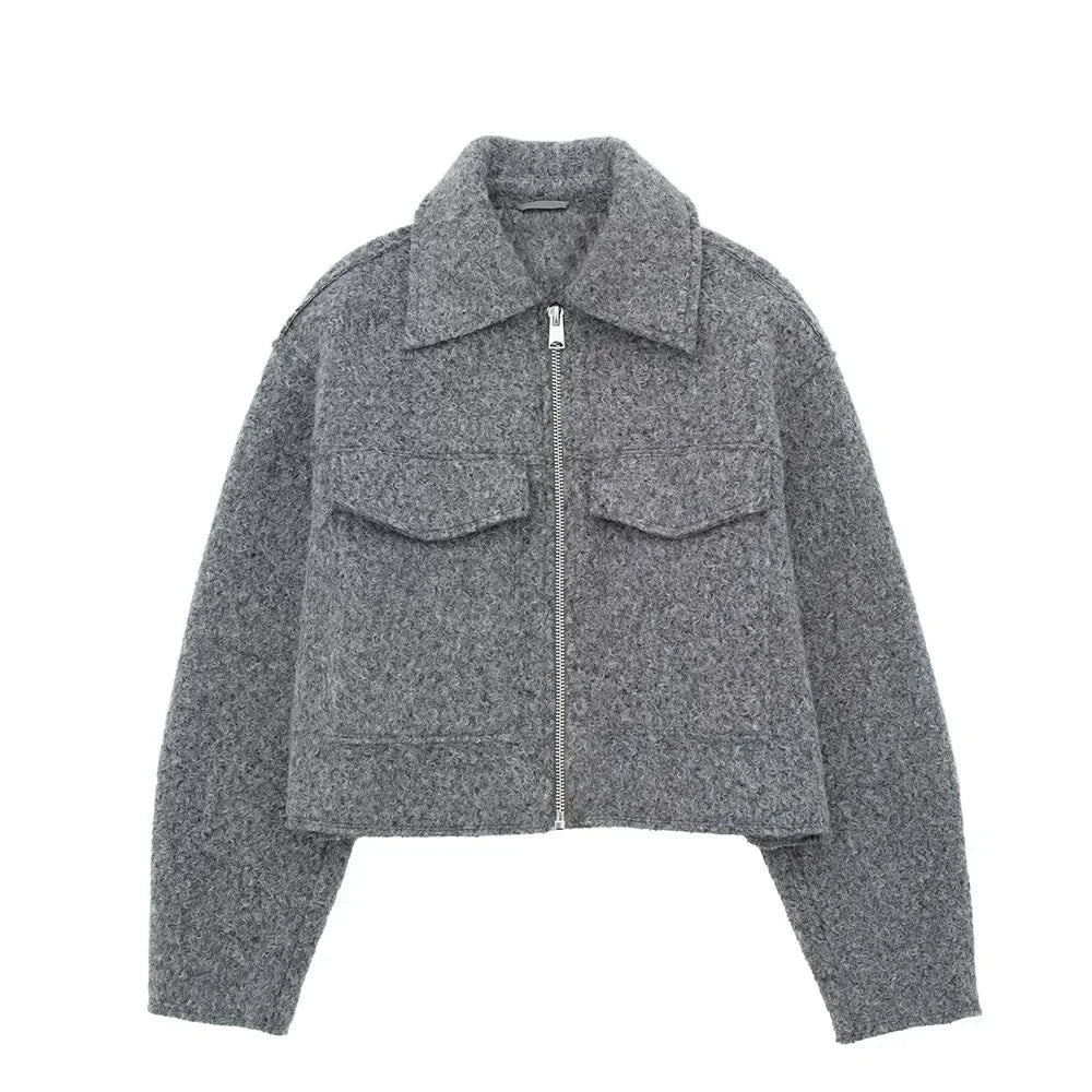 Grey Front Zipper Vintage Lapel Neck Long Sleeves Chic Jacket