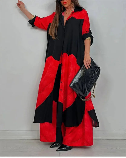 Casual Color Blocked Loose Shirt Top and Pants Two-piece Set