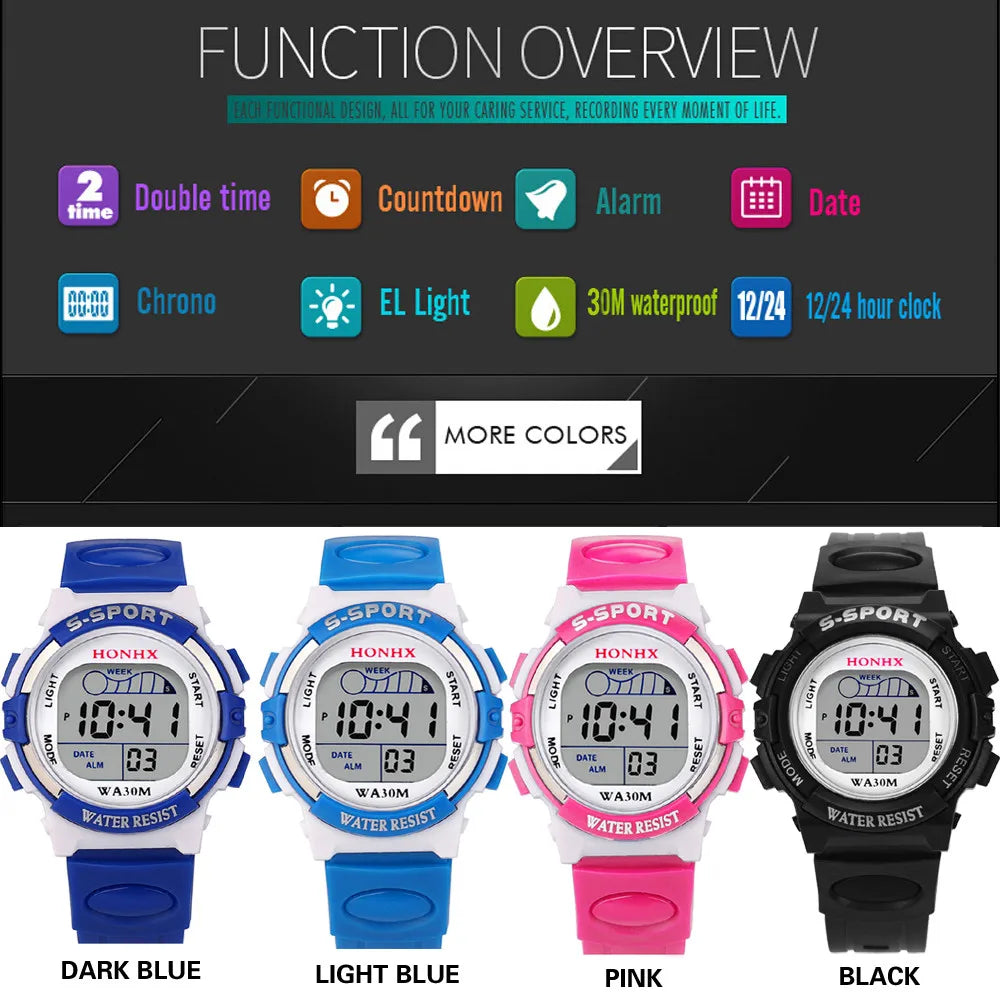 Kids Electronic Sports Color Luminous LED Dial Waterproof Multi Function Watch