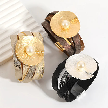 Wrinkled Textured Disc Leather Bohemian Pearl Wrap Chunky Bracelets