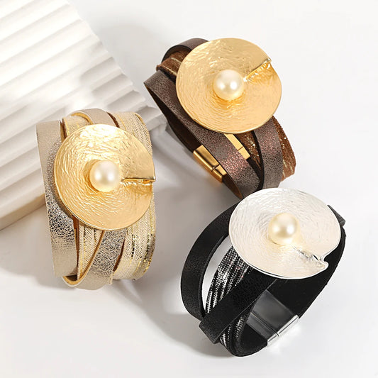 Wrinkled Textured Disc Leather Bohemian Pearl Wrap Chunky Bracelets