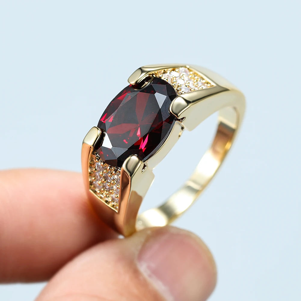 Unisex Oval Red Stone Gold Luxury Zircon Ring