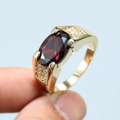 Unisex Oval Red Stone Gold Luxury Zircon Ring