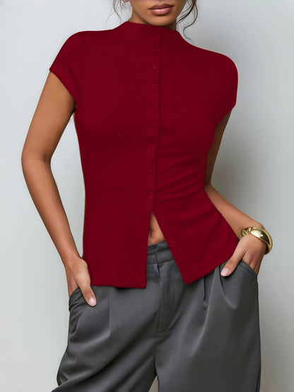 Knitted Turtleneck Top Slim Four-Season Short-Sleeved Cardigan