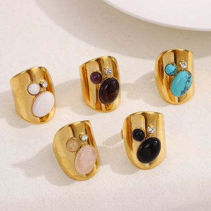 Retro Wide Stainless Steel Vintage Boho Natural Stones Zircon Rings