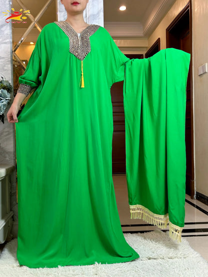 Muslim Long Sleeve Cotton With Big Scarf African Abaya
