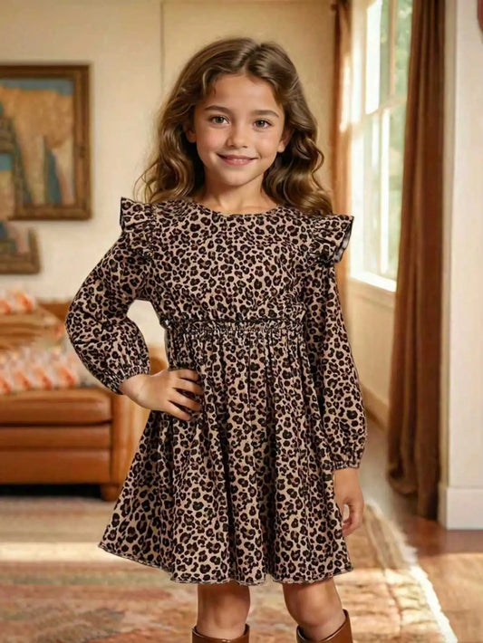 Elegant Four Season Leopard Print Long-Sleeved Ruffle Edge Dress