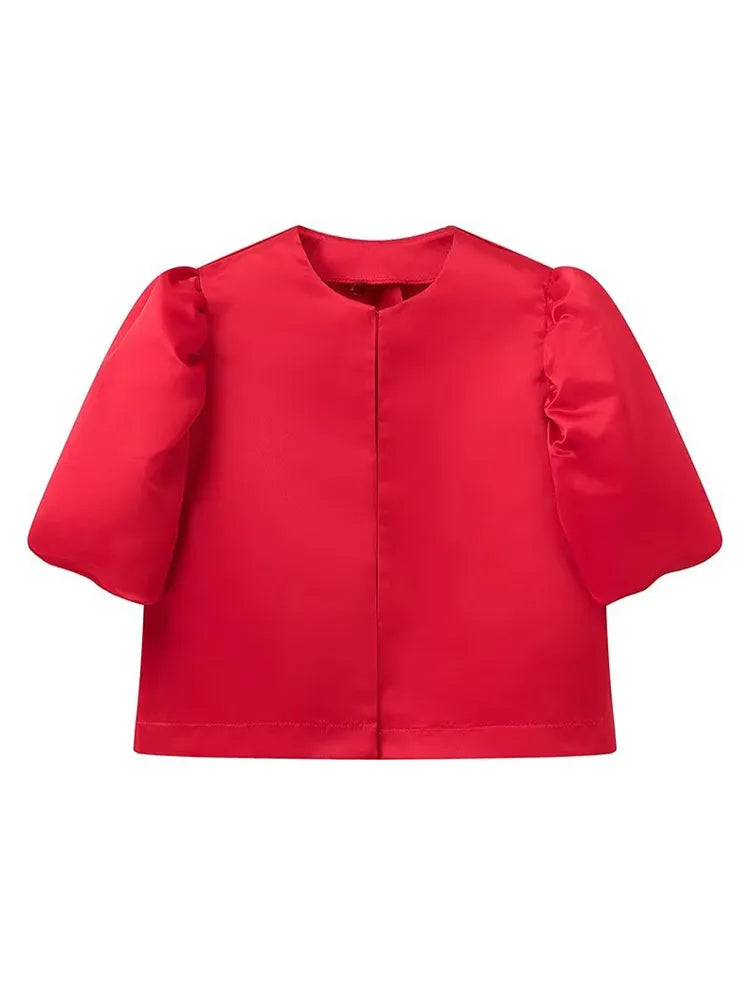 Satin Bubble Sleeves Round Neck Loose Shirt