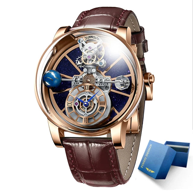 Celestial Starry Sky Curved Glass Transparent Waterproof Leather Watch