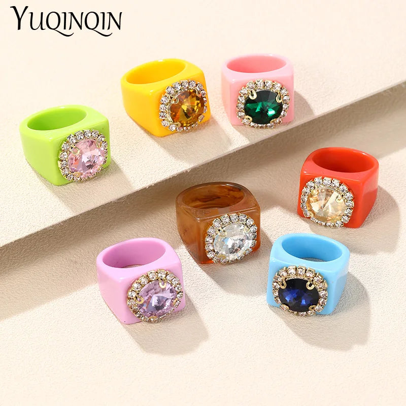 Colorful Rhinestone Geometric Square Large Punk Finger Rings