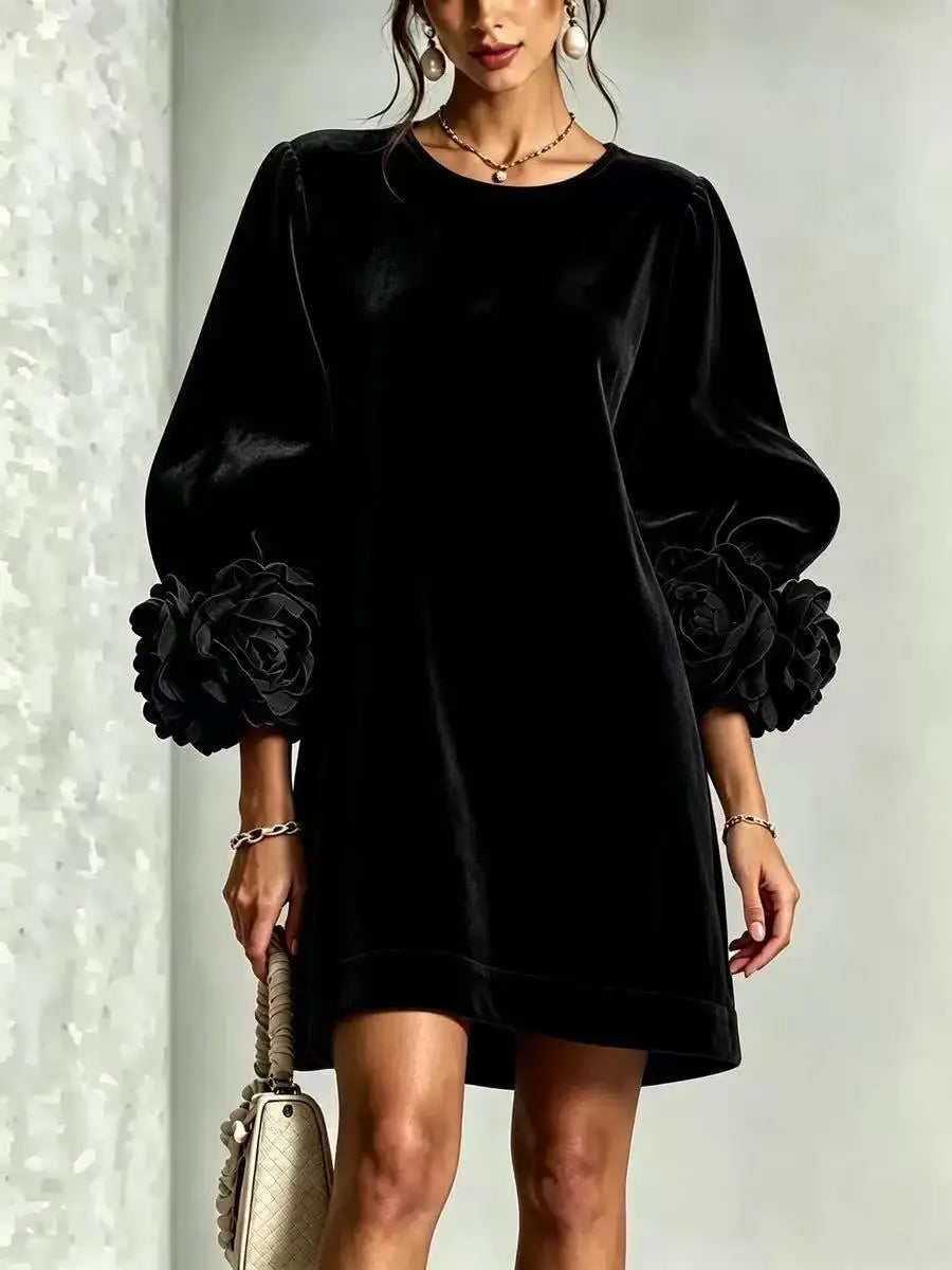 Fall Winter Korean Velvet Long Sleeve Dress with 3D