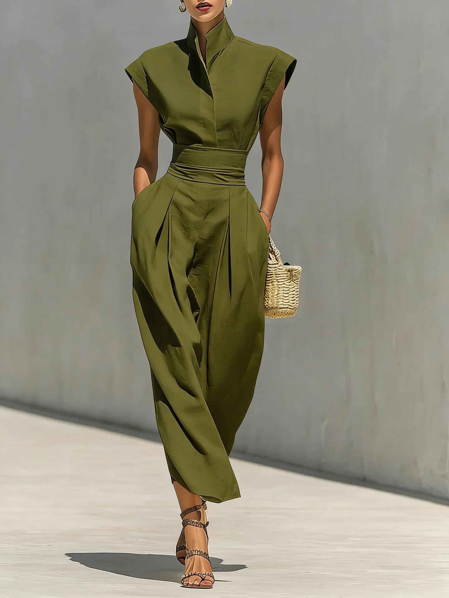 High-Waist Long Skirt with High-Neck Loose Dress