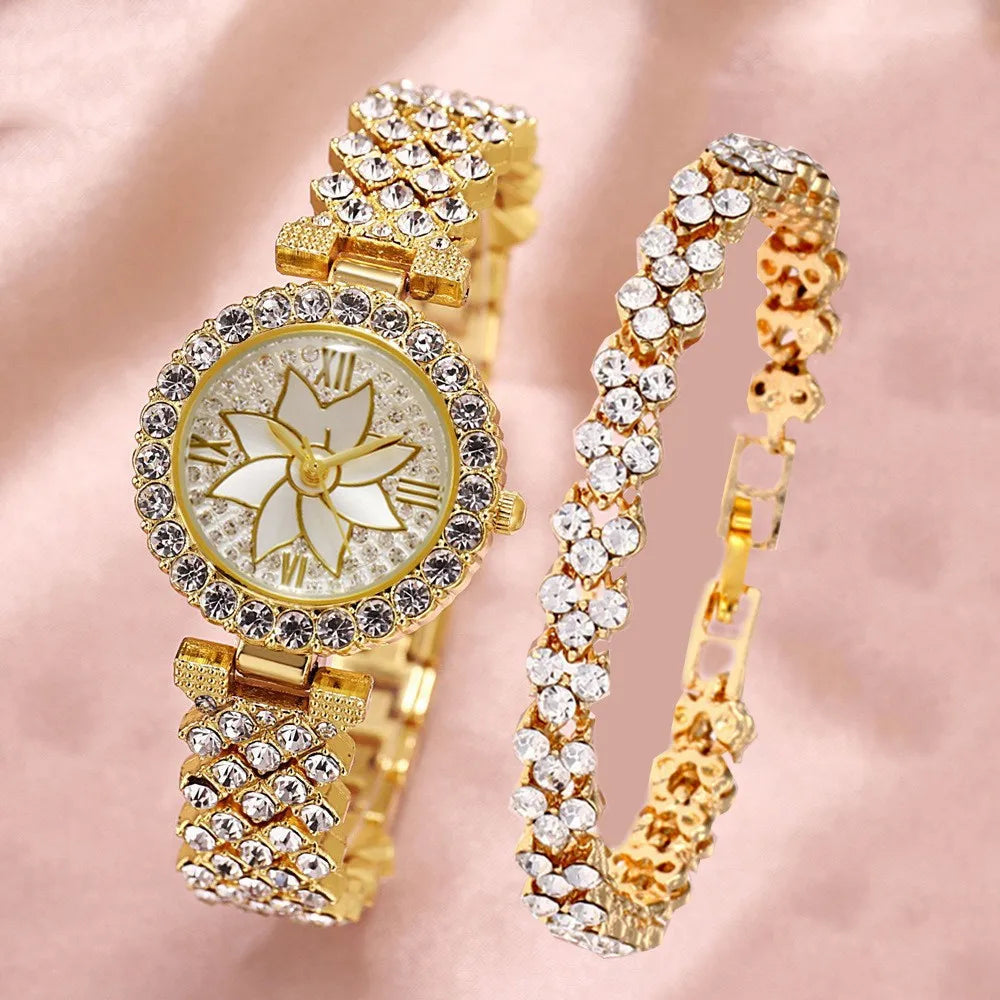 2Pc/Set 1Pc Rhinestone Quartz Bracelet Fancy Watches