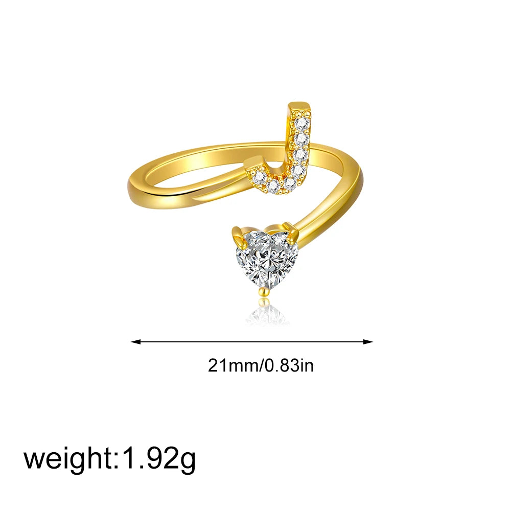 Gold Letter Open Heart Shape Cubic Zirconia  A-Z 26 Letter  Lnitials Rings