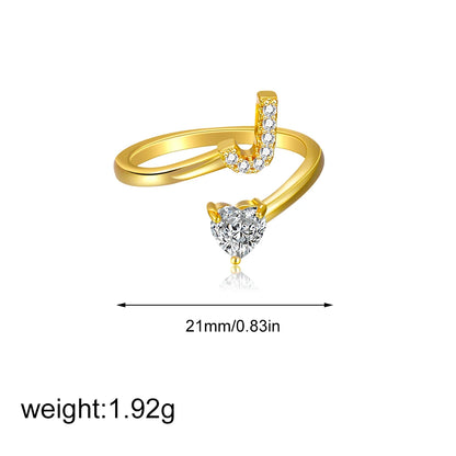 Gold Letter Open Heart Shape Cubic Zirconia  A-Z 26 Letter  Lnitials Rings