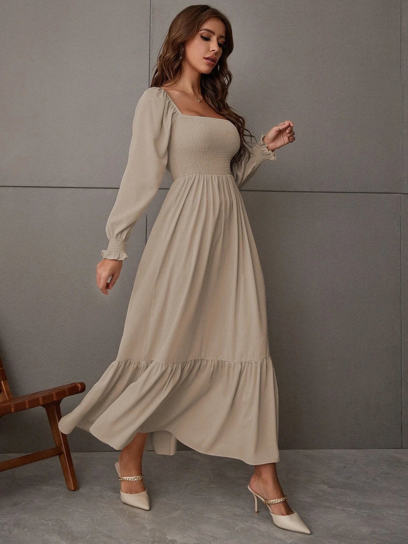 Ruched Ruffle Hem Elegant Shirred Backless Long Dress