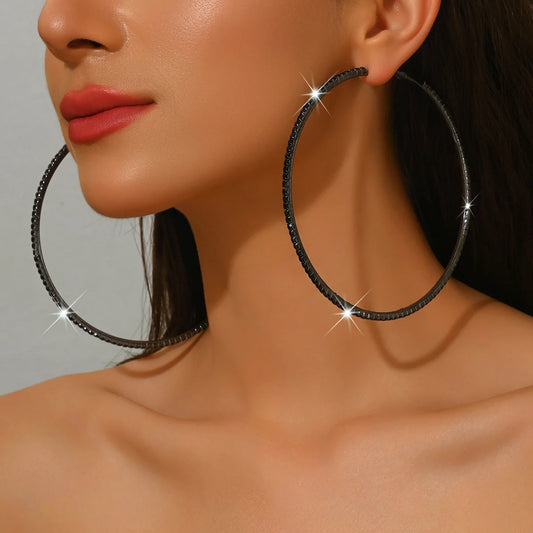 Rhinestones Shiny Crystal Big Round Hoop Earrings