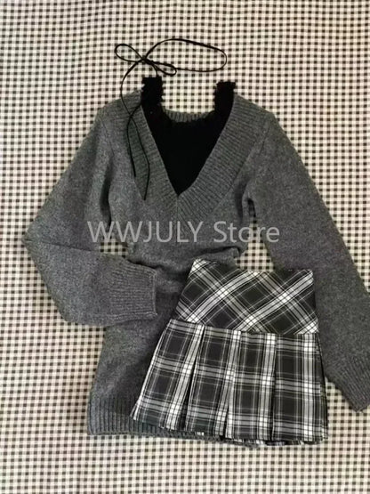 Suéter de cuello en V coqueto, manga larga, estilo pullover