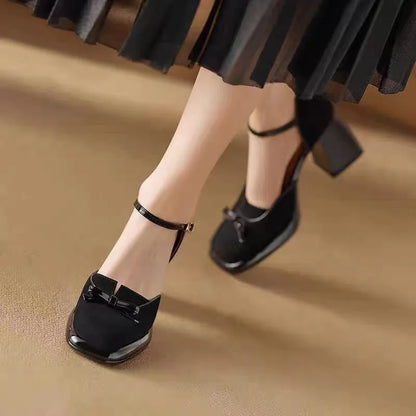 High-end strap high-heeled bow-shaped square-toe chunky heel sandals