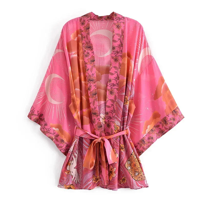 Boho Queens Vintage Star and Moon Floral Sashes Bohemian Short Robe