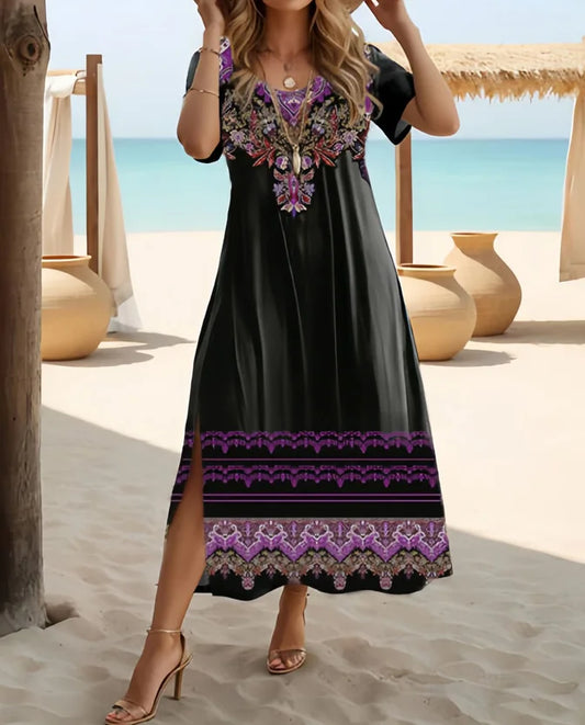 Ethnic Bohemian floral print short-sleeved large-size dress