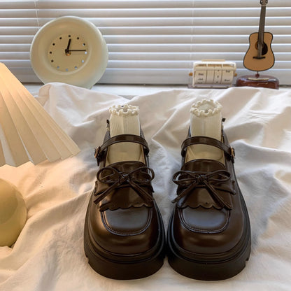 Black Leather Mary Janes Bow Thick Sole Casual Toddler Shoes
