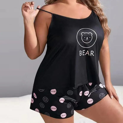 Plus Size Bear Print Sleeveless Screw Top & Shorts Pajamas Sets