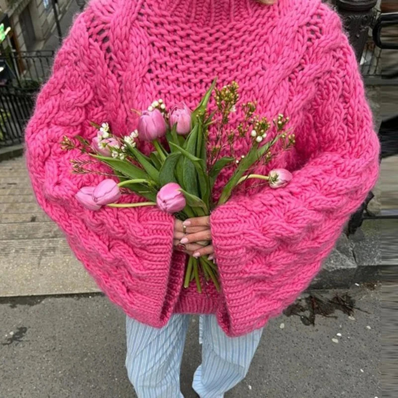 Oversize Knit Pullover Casual Lazy Round Neck Kink Solid Sweater