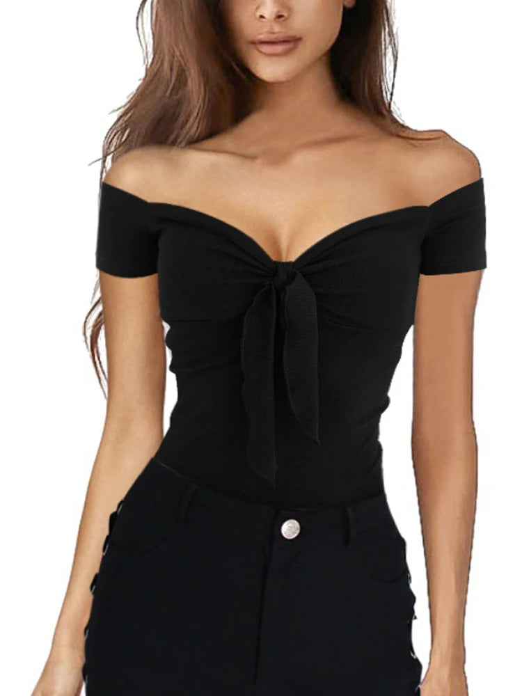 Short Sleeve V-neck Off Shoulder Sexy Slim Fit T-shirts