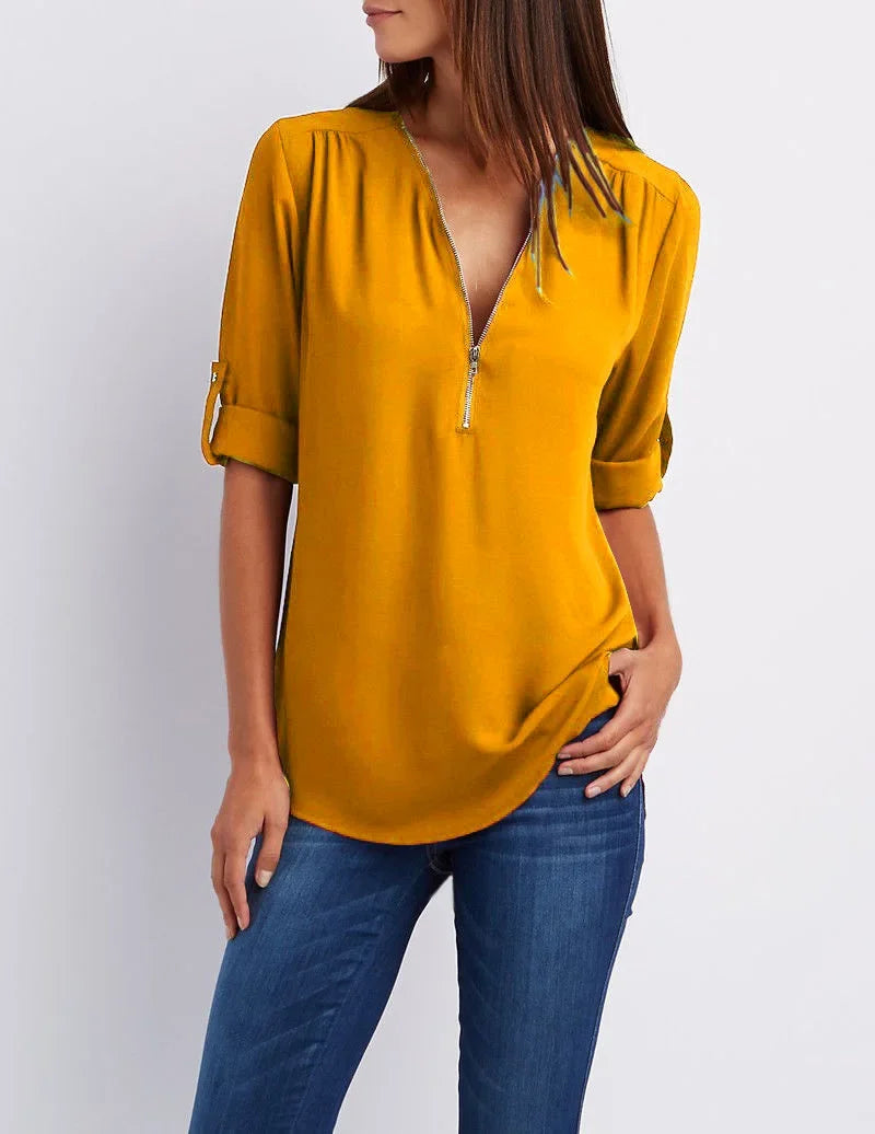 Loose Shirt Deep V Neck Chiffon Blouse