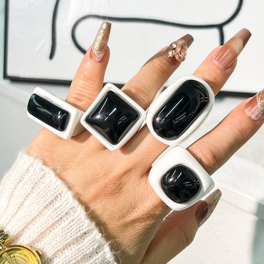Minimalism Black White Irregular Geometric Resin Rings