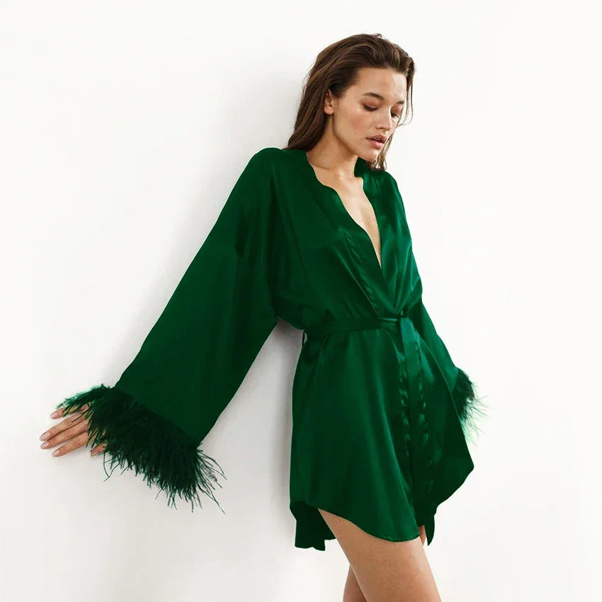 Feather Bathrobes Satin Sexy Robe