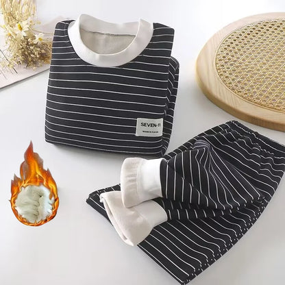 Striped Plush Warm Pajamas Autumn and Winter Pajamas 0-5 Years Old Set