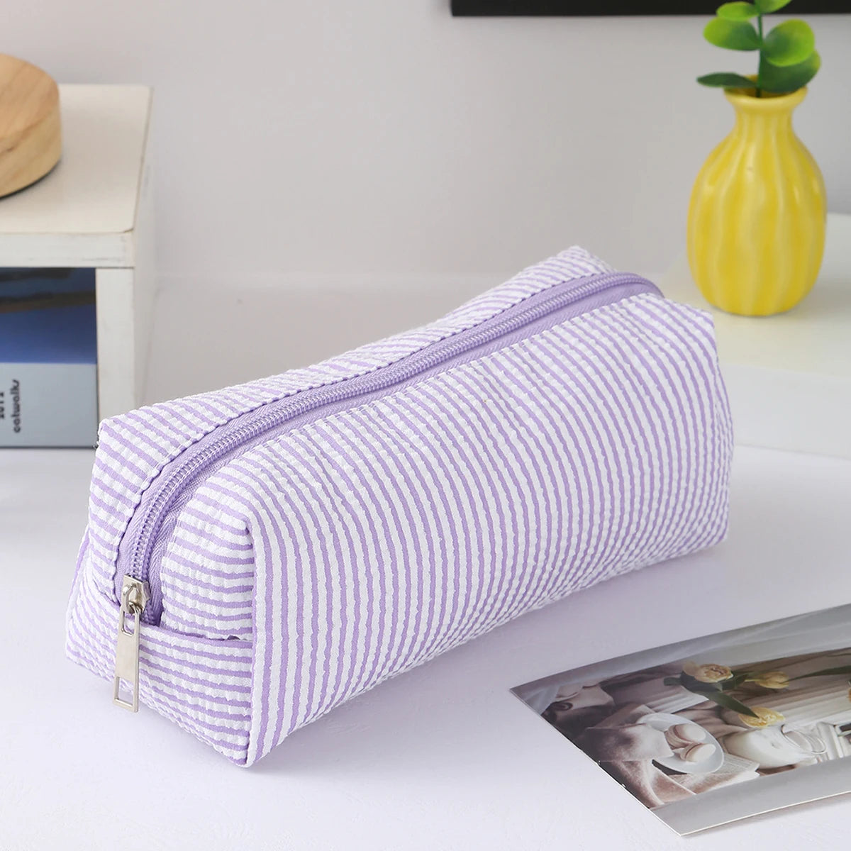 Cute Striped Canvas Pencil Case Small Travel Pouch with Zipper