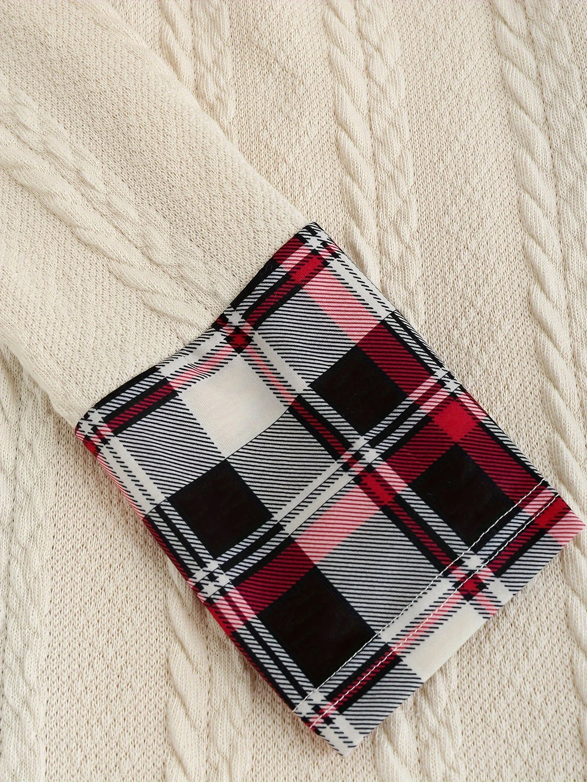 Knitted hooded plaid print stitching fake buckle high waist long sleeve dress