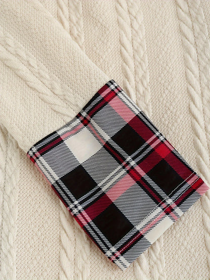 Knitted hooded plaid print stitching fake buckle high waist long sleeve dress