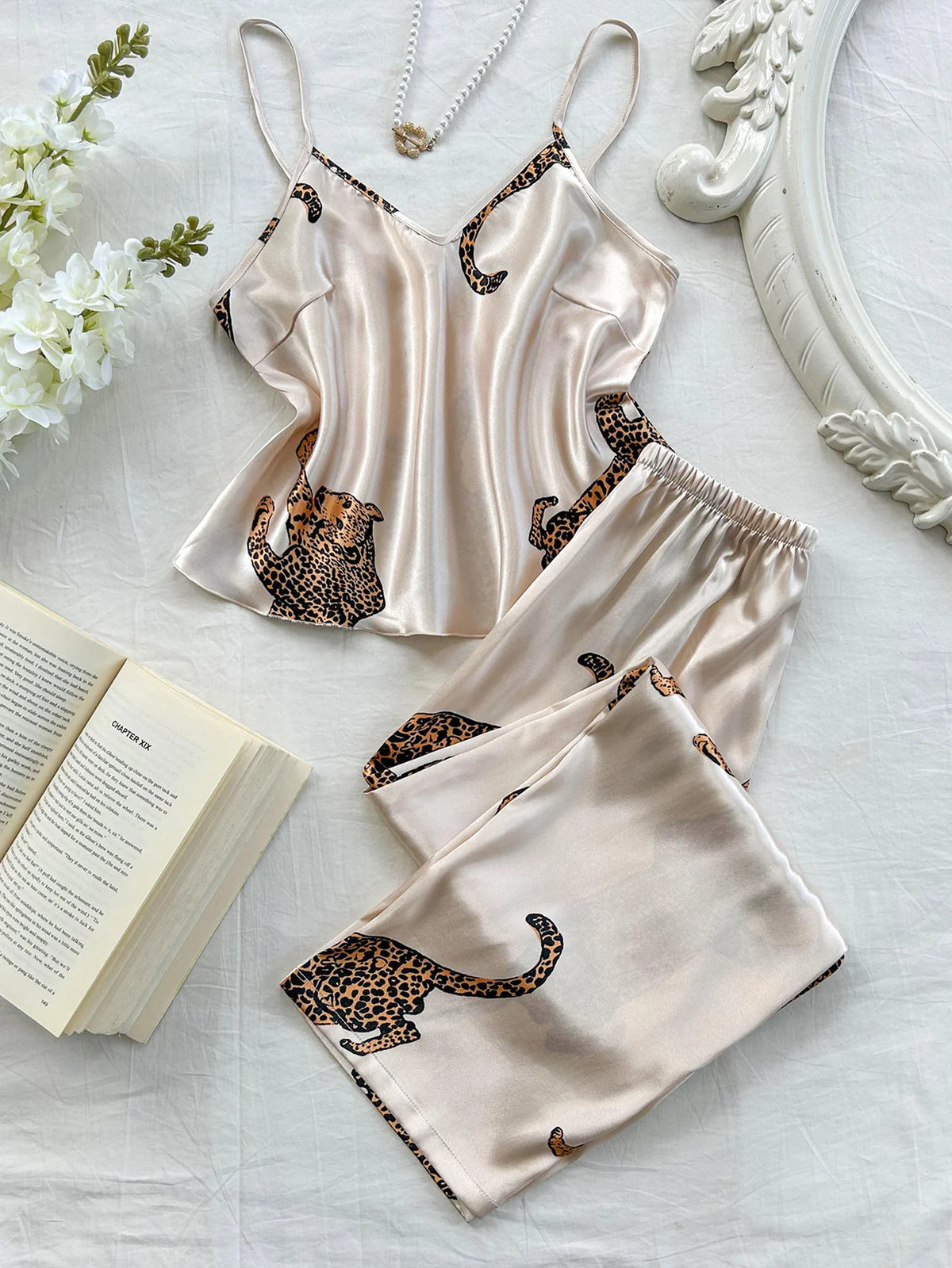 V Neck Leopard Print Suspender Long Pants Pajama Set