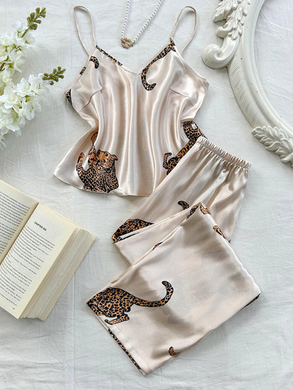 V Neck Leopard Print Suspender Long Pants Pajama Set