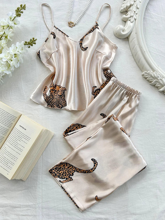 V Neck Leopard Print Suspender Long Pants Pajama Set