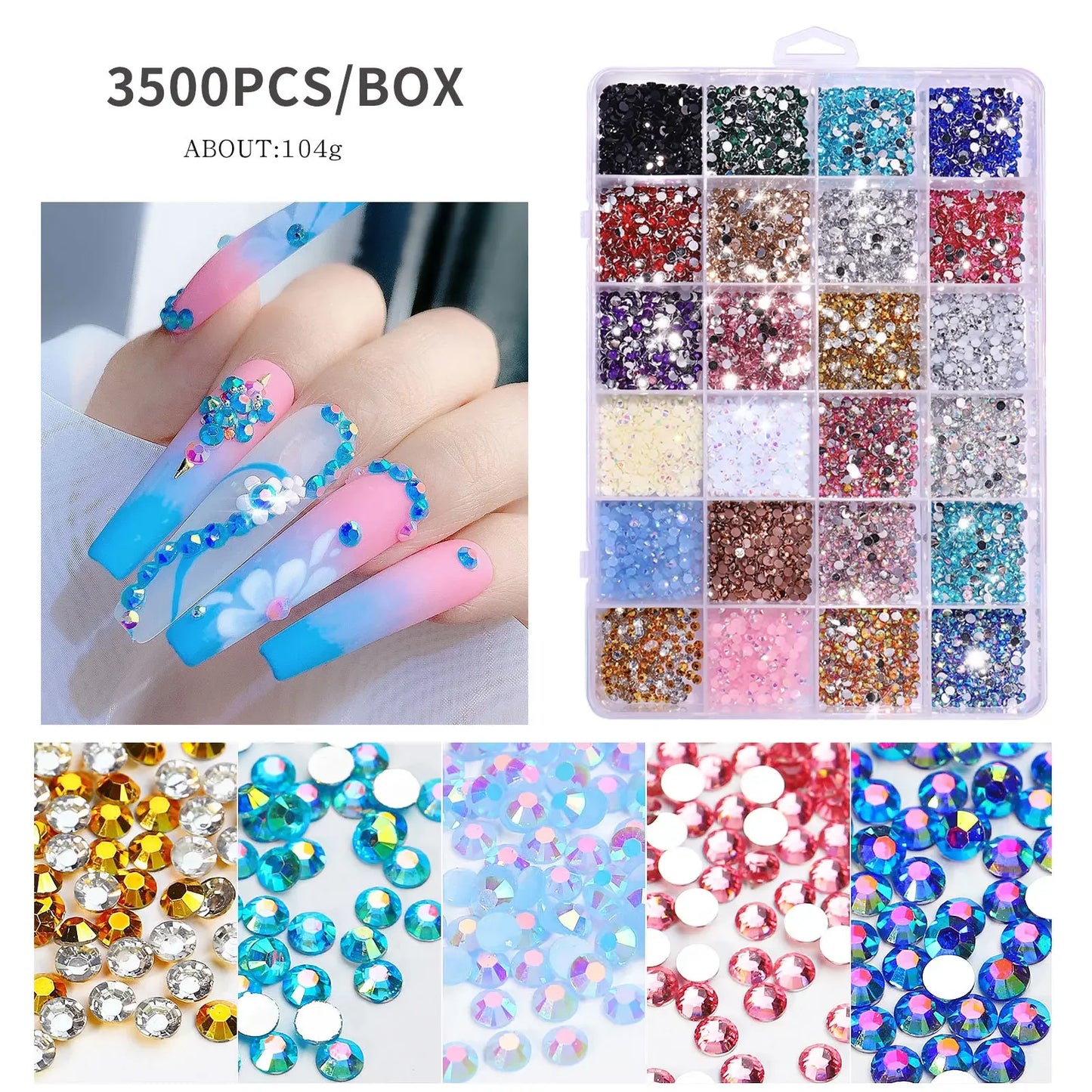 3500 Pcs/Box Round Resin Flat Bottom Color Glitter Rhinestones Kit