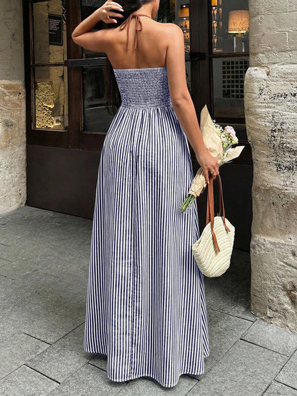 Deep V-neck Striped Sexy Backless Sleeveless Neckline Long Dress