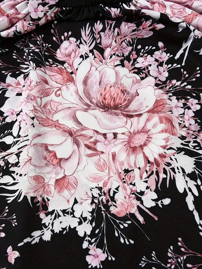 Round Neck Long Sleeve Waist Cinched Floral Print mid Dress