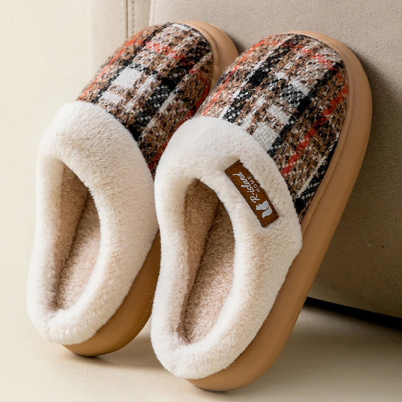 Winter Warm Fur Stripe Non Slip Comfort Flat Heel Slippers
