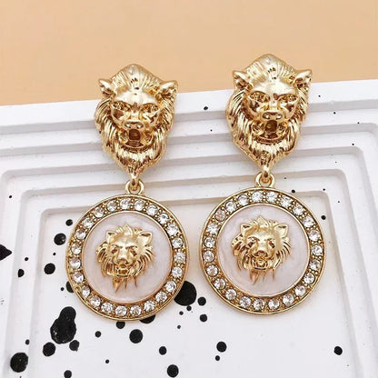 Punk Embossed Lion Head Drop Gold-plated Zircon Gothic Earrings