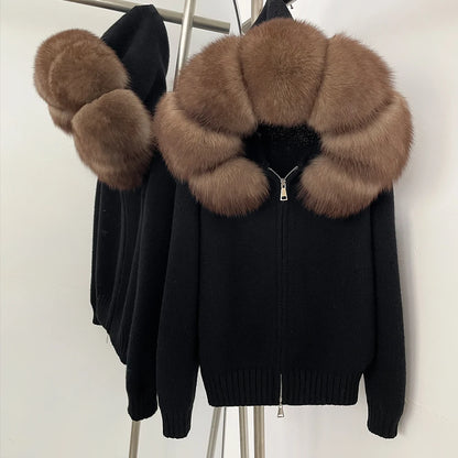 Autumn Winter Casual Hooded Real Fox Fur Collar Short Knitted Jacket